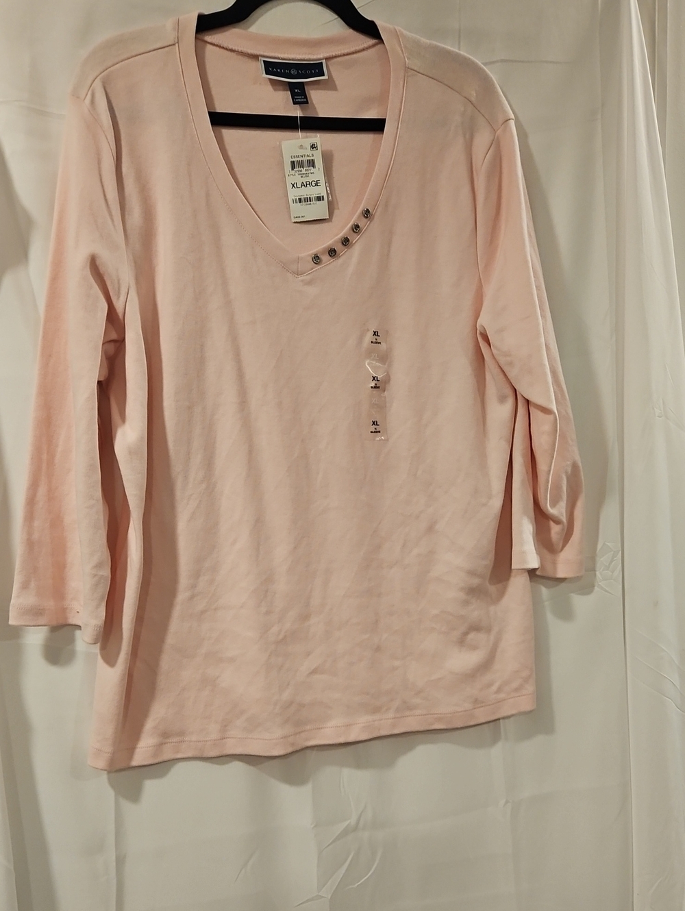 Karen Scott Pale Pink V-Neck Long Sleeve Top with Button Detail